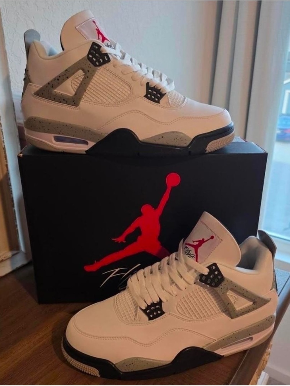Jordan 4 Retro White/Grey with Red Jumpman - Men's Sneakers